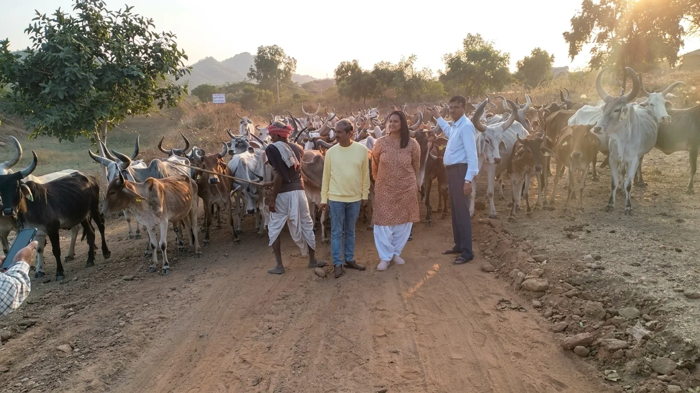 The herd coming down the village road at sunrise with Pooja Jodhani and the herders