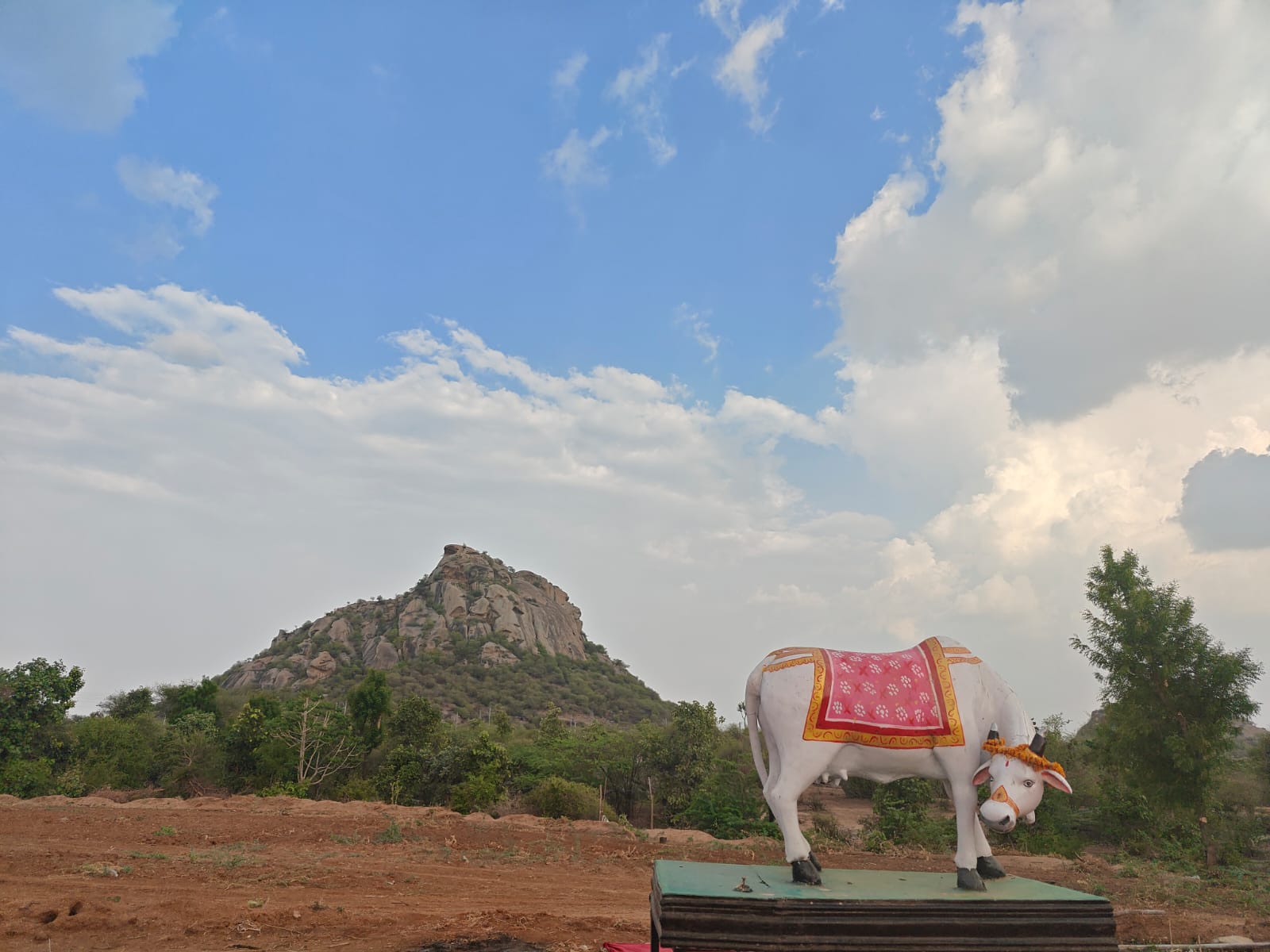 The gaushala grounds at Kothar with the hill behind