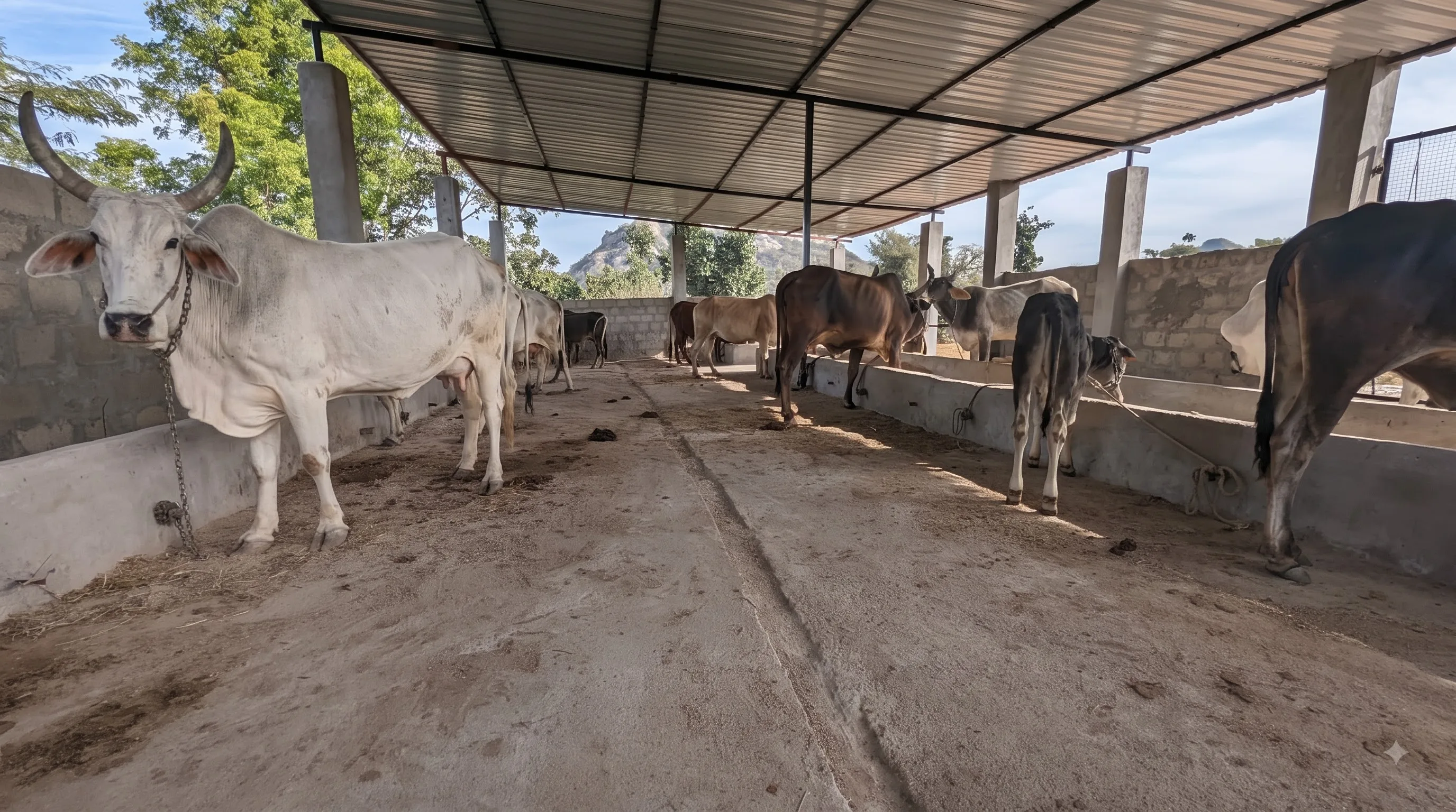The herd under the shed roof, feed troughs along both walls